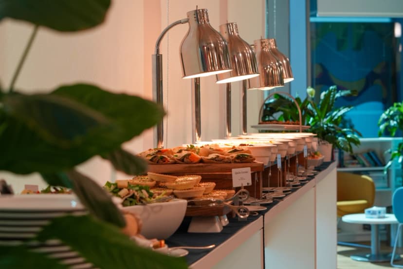 Buffet with hot dishes for crew